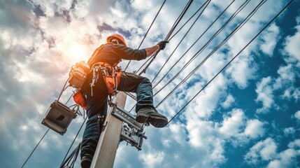 Poster - An electrician working at a dangerous height on a utility pole, repairing electrical power lines under a cloudy sky. Risky profession, high-altitude work.