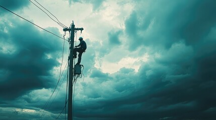 Poster - An electrician working at a dangerous height on a utility pole, repairing electrical power lines under a cloudy sky. Risky profession, high-altitude work.
