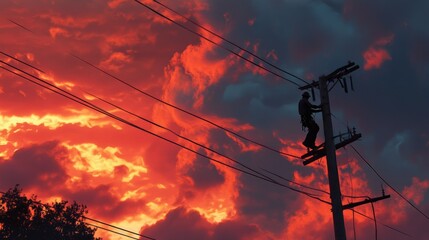 Aufkleber - An electrician working on power lines high on a utility pole against a dramatic sky. Dangerous work at height, power restoration.