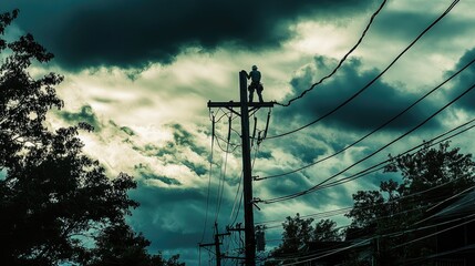 Aufkleber - An electrician working on power lines high on a utility pole against a dramatic sky. Dangerous work at height, power restoration.