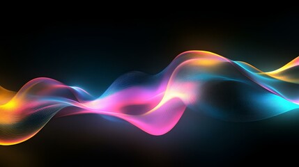Wall Mural - Grainy gradient background with glowing blue, pink, and yellow color waves on a dark black backdrop, featuring a subtle noise texture for depth