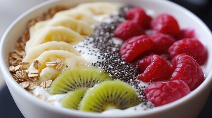 Aufkleber - Close-up of a beautifully arranged vegan breakfast, with fresh fruit, yogurt, chia seeds, and granola in a healthy bowl