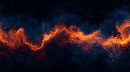 Wall Mural - Grainy noisy texture poster featuring dark blue, fiery orange, and deep red wave gradients over a black background, ideal for modern header designs