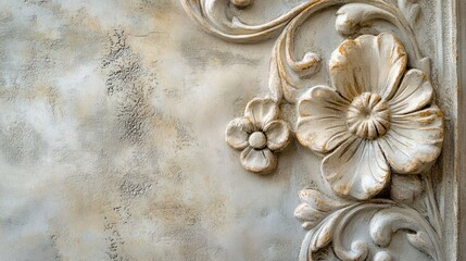 Poster - Close-up of a vintage plaster panel with decorative boho floral ornaments and relief textures for a unique wall finish