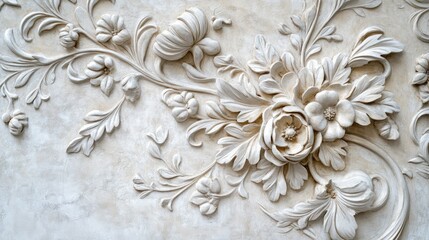Poster - Close-up of a vintage plaster panel with decorative boho floral ornaments and relief textures for a unique wall finish