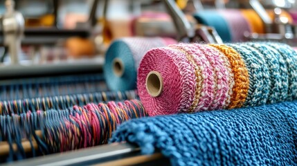 Poster - Close-up of denim textile machinery in action, with fabric rolls and weaving process for making jeans fabric in the textile industry