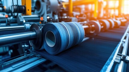 Poster - Close-up of denim textile machinery in action, with fabric rolls and weaving process for making jeans fabric in the textile industry