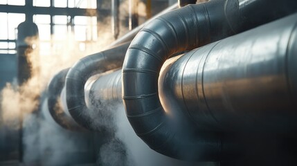 Poster - Close-up of metal heating pipes surrounded by hot steam, part of centralized heating in a boiler house during the heating season