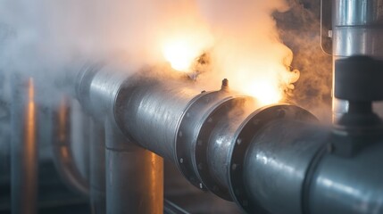 Poster - Close-up of metal heating pipes surrounded by hot steam, part of centralized heating in a boiler house during the heating season