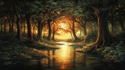 Wall Mural - The image depicts a serene forest scene during twilight, with the sun setting behind the trees, casting a warm golden hue. The foreground features a calm river reflecting the surrounding foliage and t