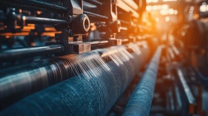 Poster - Close-up of textile machinery working with denim fabric rolls, showcasing the process of weaving and creating high-quality denim for the fashion industry