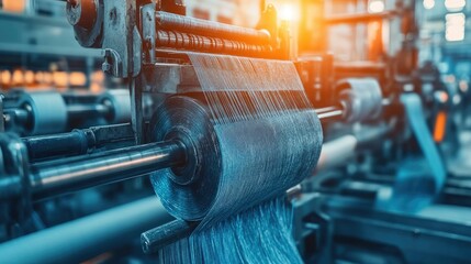 Poster - Close-up of textile machinery working with denim fabric rolls, showcasing the process of weaving and creating high-quality denim for the fashion industry