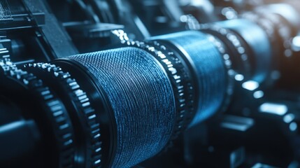 Poster - Close-up of textile machinery working with denim fabric rolls, showcasing the process of weaving and creating high-quality denim for the fashion industry