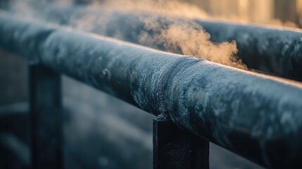 Poster - Close-up view of metal heating pipes releasing hot steam, crucial for centralized heating systems during the winter heating season
