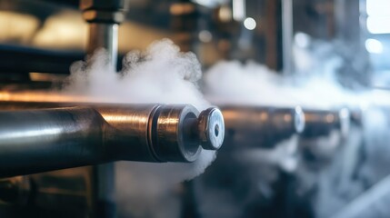 Poster - Close-up view of metal heating pipes releasing hot steam, crucial for centralized heating systems during the winter heating season