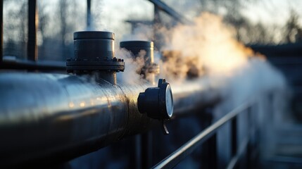 Poster - Detailed shot of outdoor metal pipes carrying hot steam in a centralized heating system, showcasing the boiler house and heating season conditions