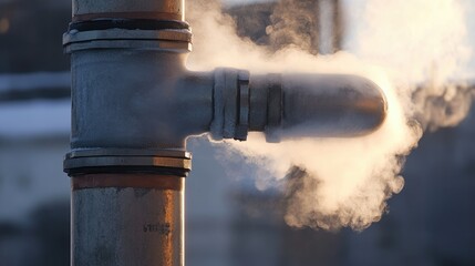 Poster - Detailed shot of outdoor metal pipes carrying hot steam in a centralized heating system, showcasing the boiler house and heating season conditions