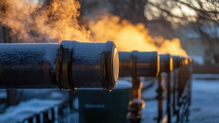 Poster - Detailed shot of outdoor metal pipes carrying hot steam in a centralized heating system, showcasing the boiler house and heating season conditions