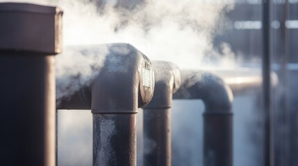 Poster - Detailed shot of outdoor metal pipes carrying hot steam in a centralized heating system, showcasing the boiler house and heating season conditions