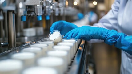 Poster - Hands of a food scientist in blue gloves testing milk samples in a laboratory, part of the dairy factory rigorous quality control process for consistency.