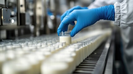 Poster - Hands of a food scientist in blue gloves testing milk samples in a laboratory, part of the dairy factory rigorous quality control process for consistency.