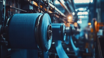 Aufkleber - Industrial shot of denim textile production machinery, with large fabric rolls in the weaving stage to create durable jeans material in a textile factory