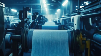 Aufkleber - Industrial shot of denim textile production machinery, with large fabric rolls in the weaving stage to create durable jeans material in a textile factory