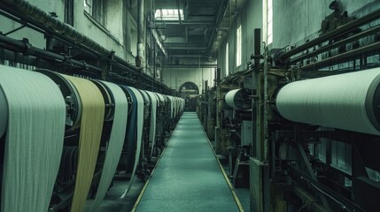 Aufkleber - Industrial shot of denim textile production machinery, with large fabric rolls in the weaving stage to create durable jeans material in a textile factory