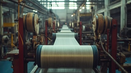 Aufkleber - Industrial shot of denim textile production machinery, with large fabric rolls in the weaving stage to create durable jeans material in a textile factory