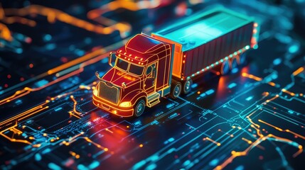 Poster - Miniature toy truck on a digital map with glowing neon route lines, representing logistics, transportation planning, and modern digital tracking