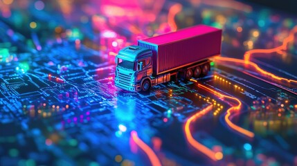Poster - Miniature toy truck on a digital map with glowing neon route lines, representing logistics, transportation planning, and modern digital tracking