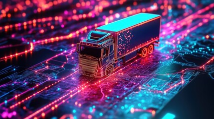 Poster - Toy truck on a neon-lit digital map with route lines, symbolizing modern transportation and logistics management for businesses and tech solutions
