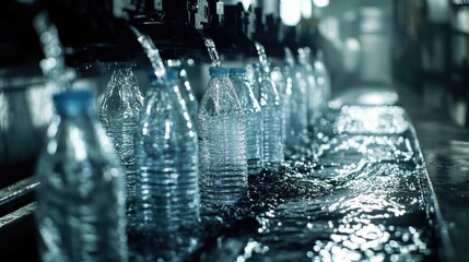 Poster - Water being poured into plastic bottles on a factory conveyor belt, with automated machinery filling canisters in a clean, industrial environment.