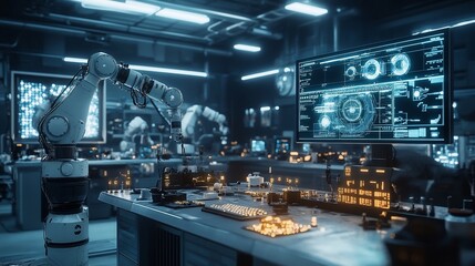 Poster - Futuristic robotic arm in high-tech laboratory control room.