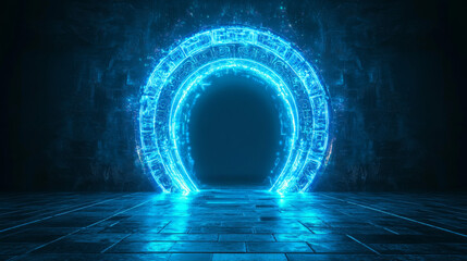 Poster - Futuristic open door with digital technology neon light pattern on wall. Realistic 3d vector illustration of portal to tech future with opportunities. Abstract metaverse teleport gate with glow effect