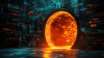 Poster - Futuristic open door with digital technology neon light pattern on wall. Realistic 3d vector illustration of portal to tech future with opportunities. Abstract metaverse teleport gate with glow effect