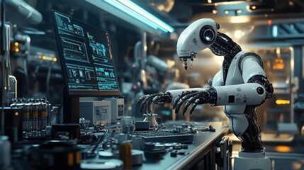 Poster - Futuristic robot working on computer in a high-tech lab.