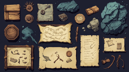 Aufkleber - game ui scrolls, stone boards and antique parchments cartoon menu interface, rocky textured planks, 