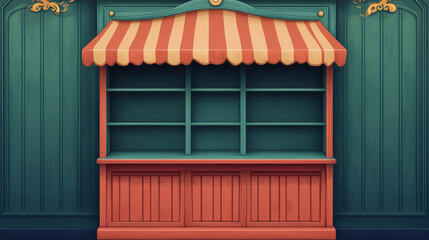 Poster - Shop window template for game ui design. Cartoon vector illustration set of empty red and green wooden cabinet with shelves and canopy for mobile gui menu. Blank store interface with wood texture.