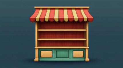 Poster - Shop window template for game ui design. Cartoon vector illustration set of empty red and green wooden cabinet with shelves and canopy for mobile gui menu. Blank store interface with wood texture.
