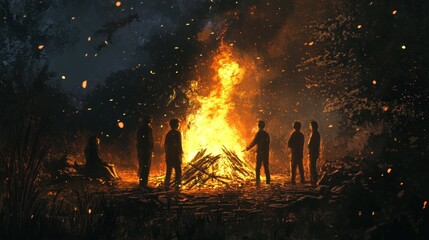 friends gather around a large bonfire at night in a forest.