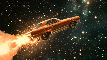 vintage car accelerating through a cosmic space with vibrant colors and stars below