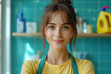 Young woman in bathroom against tile background with cleaning products.