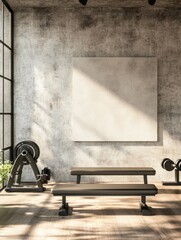 Sticker - Bright concrete yoga gym interior with equipment, blank mockup space on wall, daylight and wooden flooring. Healthy lifestyle concept. Mock up, 3D Rendering