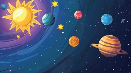 Wall Mural - a cartoon illustration of the solar system with planets and stars in space.