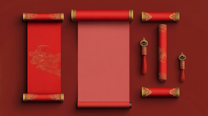 Chinese scroll paper set isolated on background. Vector cartoon illustration of red silk or parchment roll with blank surface, golden sign decoration, ancient asian banner, traditional antique letter