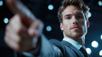 Poster - a high achieving executive giving a confident presentation in a boardroom, using a digital projector