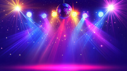 Poster - Bright light beams, laser rays, neon glow effect. Abstract flares, color flashes of disco ball, party lights with rays isolated on transparent background, vector realistic set