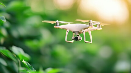 Poster - a farmer using a drone to survey crops and optimize irrigation, highlighting the use of technology i