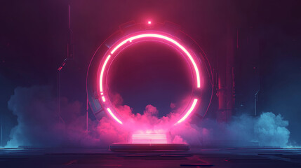 Poster - Glowing neon game portal - realistic vector illustration of futuristic teleport podium with smoke for game ui concept. Magic or cyberpunk round port or product podium with fog and luminous effect.